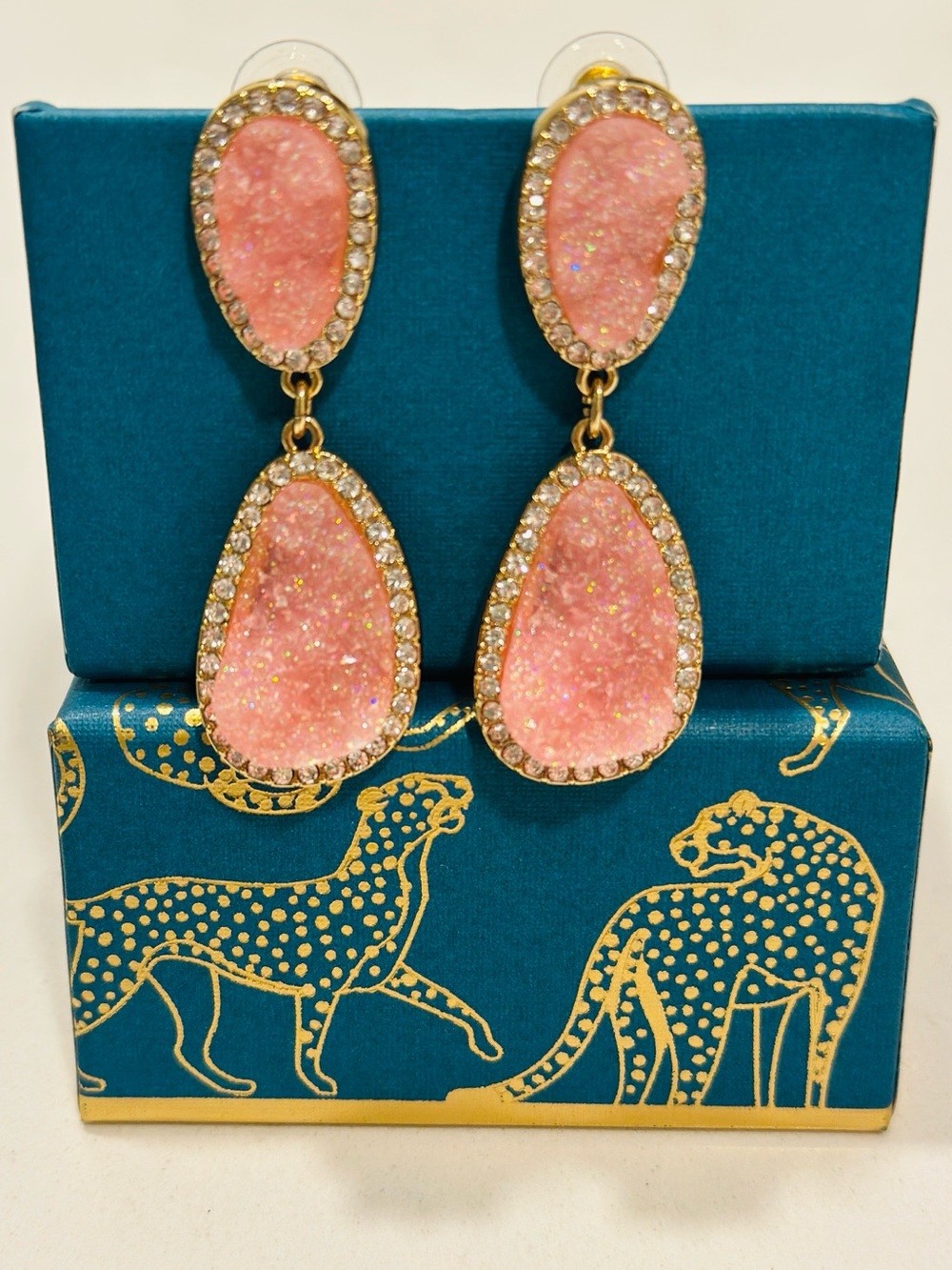 Pink Faux Druzy Rhinestone Drop Earrings Gold Tone Statement Dangle